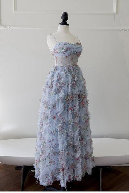 Pretty Straps Blue Floral Print Ruched Long Formal Evening Dresses