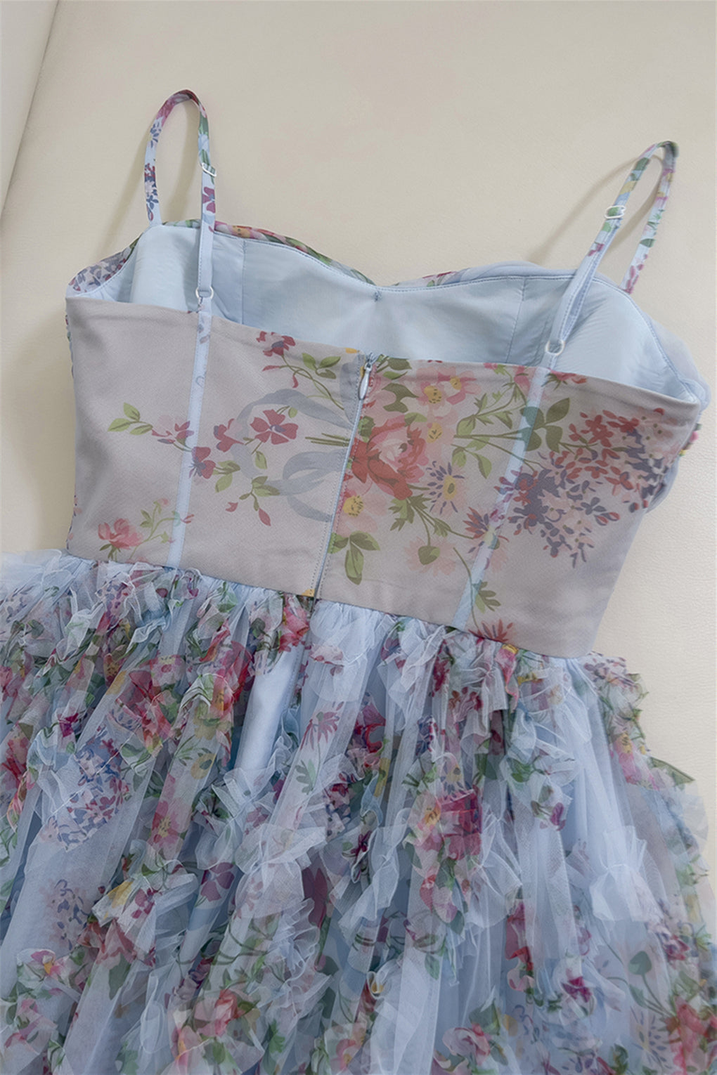 Pretty Straps Blue Floral Print Ruched Long Formal Evening Dresses