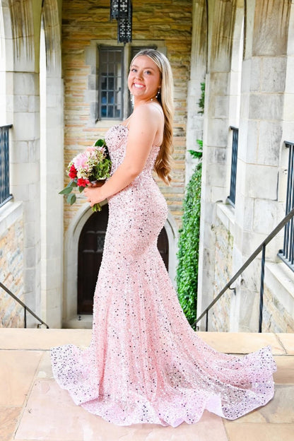 Straps Light Blue Sequin Long Formal Dress with Beaded
