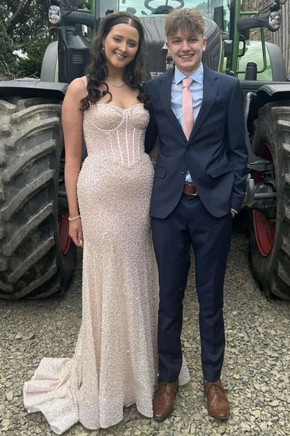 Straps Light Blue Sequin Long Formal Dress with Beaded