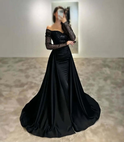 Stunning Prom Dresses Sequin Long Sleeves Formal Dresses with Train