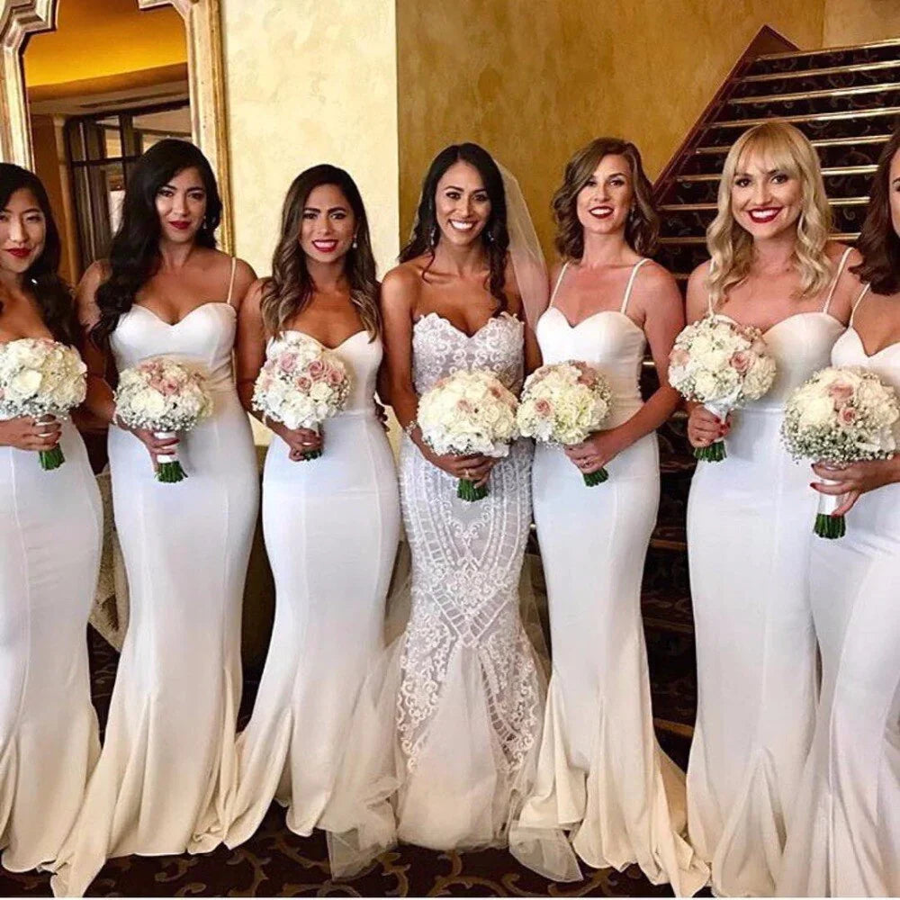 Spaghetti Straps White Mermaid Bridesmaid Dresses