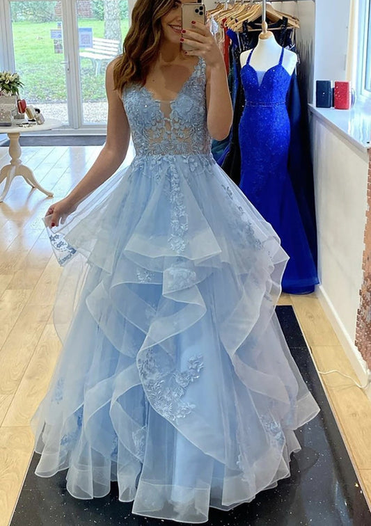 Sweet Light Blue Appliques Beaded Prom Dresses With Ruffle Skirt