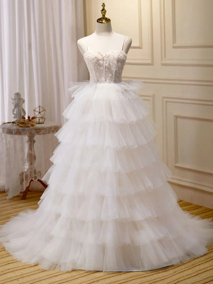 White Sweetheart Neck Appliques Tulle Long Prom Dresses Evening Dresses SH1648