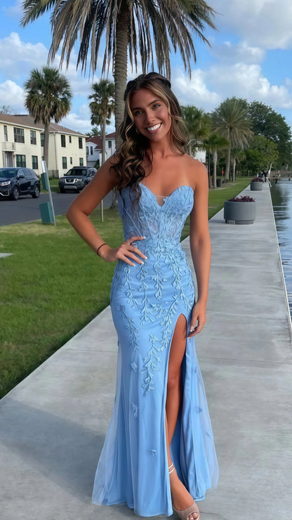 Sweetheart Sky Blue Mermaid Prom Dresses, Appliques Beaded Party Dress, Custom Prom Dresses