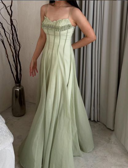 Gentle A Line Spaghetti Strap Green Chiffon Long Prom Dress Evening Dress SH2629