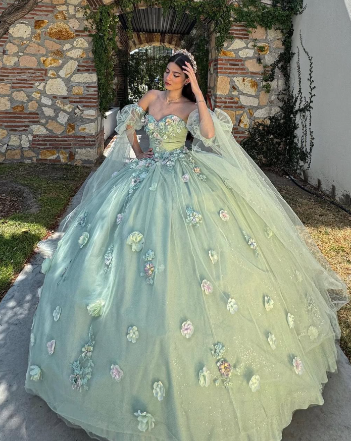 Green Ball Gown Quinceanera Dresses Off the Shoulder Floral Tulle Sweet 16 Dress Party Gowns SH3554