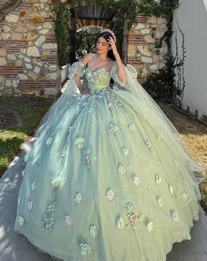 Green Ball Gown Quinceanera Dresses Off the Shoulder Floral Tulle Sweet 16 Dress Party Gowns SH3554