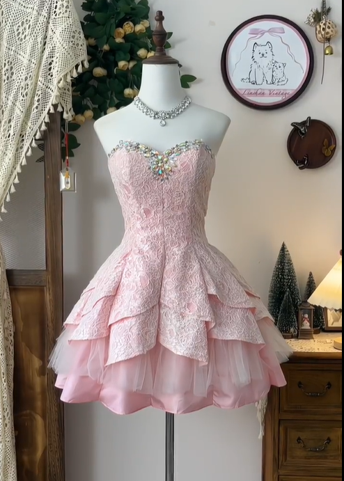Classy Pink Satin Lace Beaded Formal Homecoming Dress Strapless A Line Mini Party Dress S453