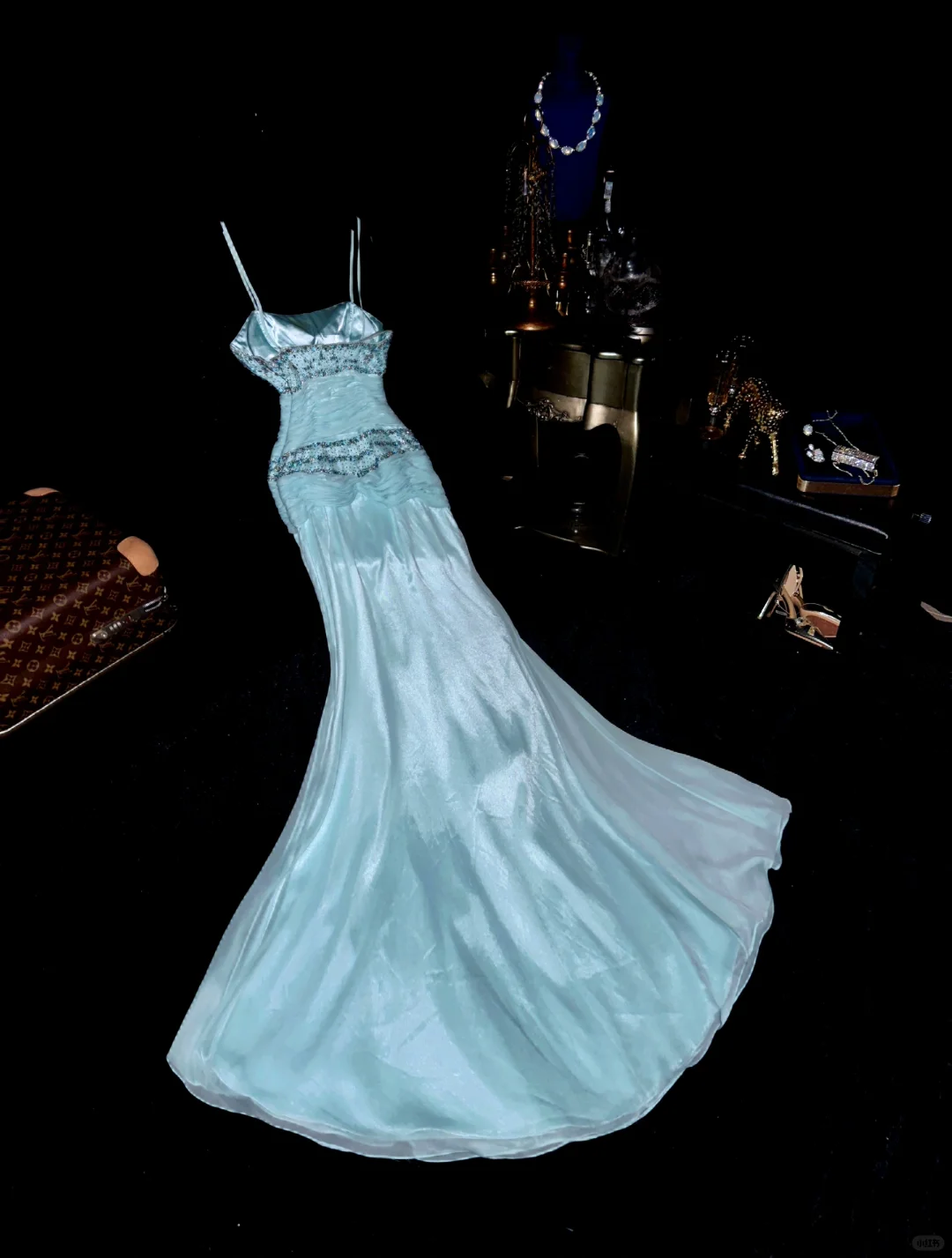 Gentle Mermaid Spaghetti Strap Beaded Blue Chiffon Satin Prom Dress Party Dress SH3075
