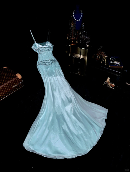 Gentle Mermaid Spaghetti Strap Beaded Blue Chiffon Satin Prom Dress Party Dress SH3075