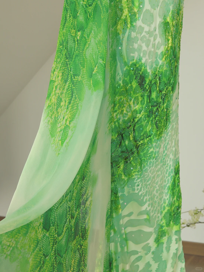 Unique Sheath Halter Green Print Floral Chiffon Open Back Long Prom Dress Formal Dress SH3866
