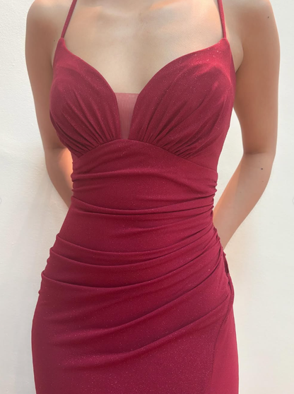 Inspiration Mermaid Spaghetti Strap Red Satin Prom Dress Evening Dress with Slit SH2221