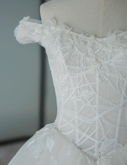 Elegant A Line Off the Shoulder Appliques Tulle Ball Gown Wedding Dress SH2027