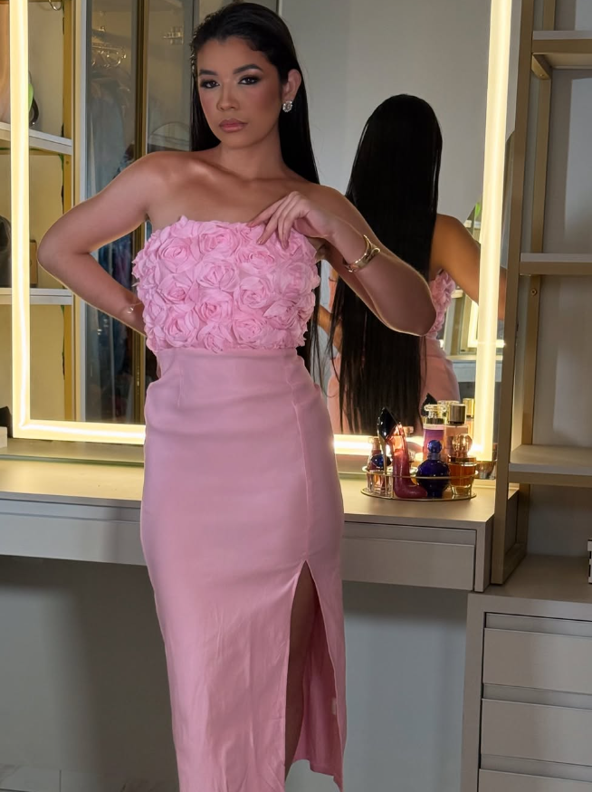 Pink Sheath Strapless 3D FLower Satin Prom Dress Evening Dress with Slit SH2120