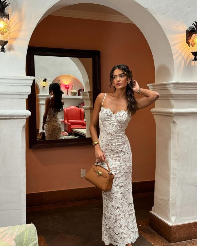 Stunning Sheath Spaghetti Strap White Lace Long Prom Dress Evening Dress SH2297