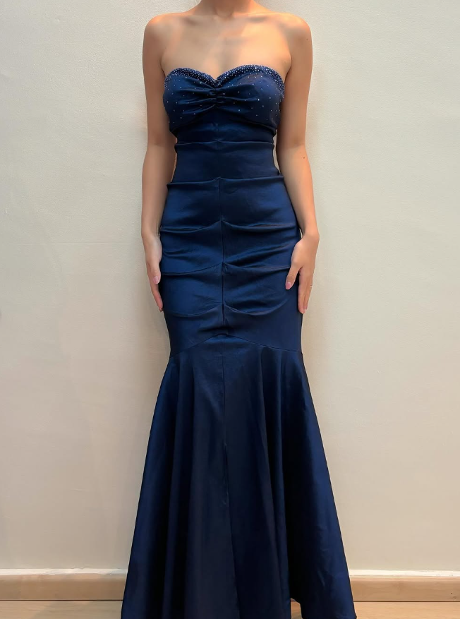 Vintage Mermaid Sweetheart Neck Beaded Navy Blue Satin Prom Dress Evening Dress SH2077