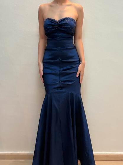 Vintage Mermaid Sweetheart Neck Beaded Navy Blue Satin Prom Dress Evening Dress SH2077