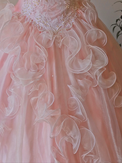 Princess Pink Ball Gown Puff Lace Appliques Satin Tulle Prom Dress 18th Birthday Dress SH3896