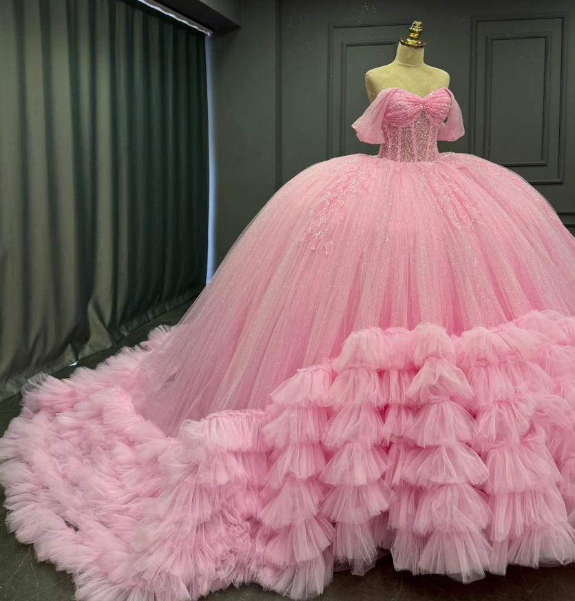 Charming Ball Gown Off-The-Shoulder Appliques Pink Tulle Sweet 16 Dress, Quinceanera Dress SH3038