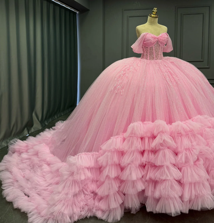 Charming Ball Gown Off-The-Shoulder Appliques Pink Tulle Sweet 16 Dress, Quinceanera Dress SH3038