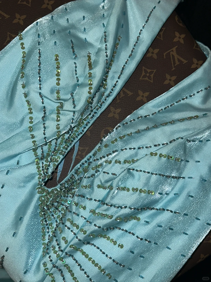 Baby Blue Mermaid V Neck Beaded Satin Long Open Back Prom Dress Evening Dress SH3142