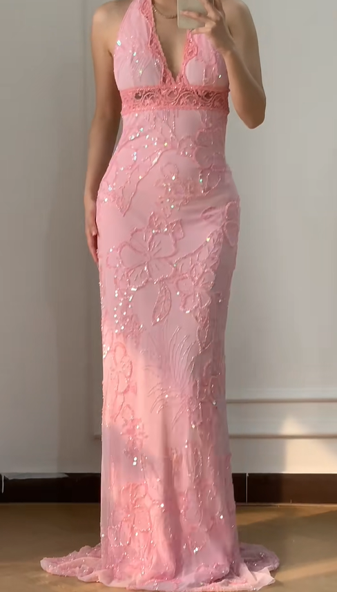 Vintage Sheath V Neck Beaded Pink Chiffon Long Prom Dress Evening Dress SH3342
