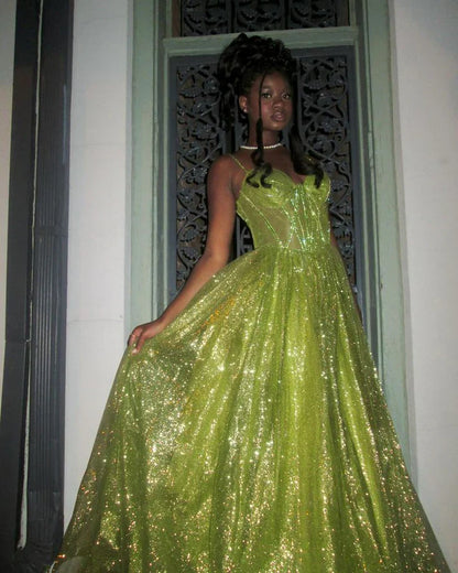 Stunning Green A Line Spaghetti Strap Corset Sequin Long Prom Dress Evening Dress SH3543