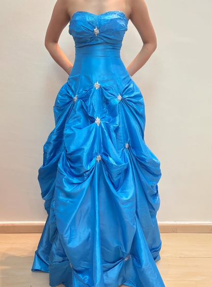 Princess A Line Sweetheart Neck Beaded Rhinestone Blue Satin Long Prom Dress Evening Dress SH2099