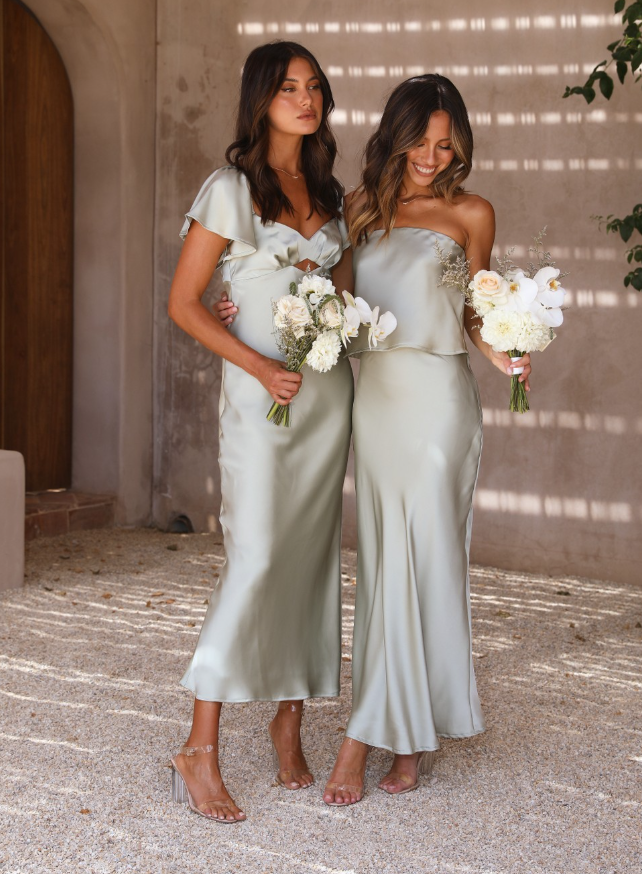 Simple A Line Sage Green Satin Evening Dress Bridesmaid Dress SH2702