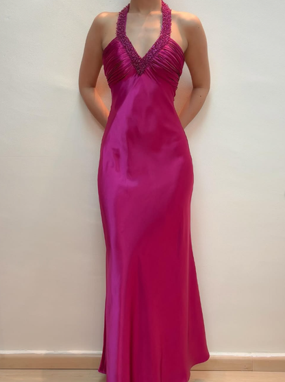 Hot Pink Mermaid V Neck Beaded Satin Open Back Prom Dress Evening Dress SH2056