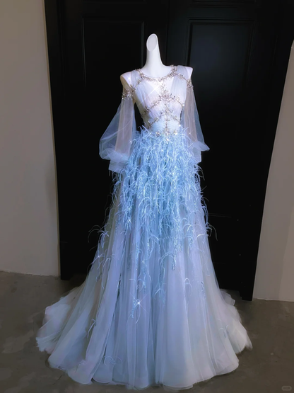 Exquisite Beaded Long Sleeve Blue Feather Tulle Date Dress Evening Dress Prom Dress SH3440