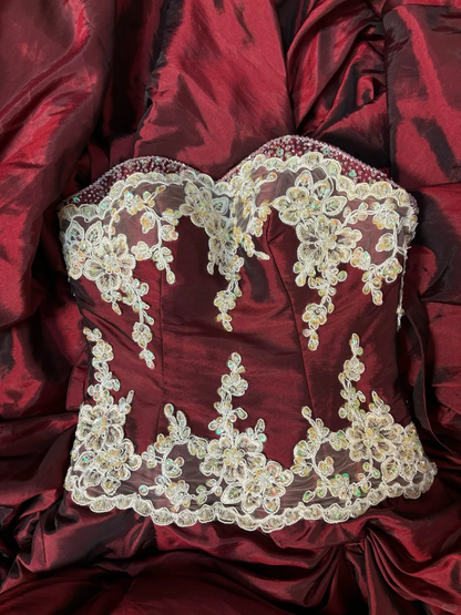 Vintage Burgundy Ball Gown Strapless Pleated White Lace Satin Long Prom Dress Evening Dress SH3732