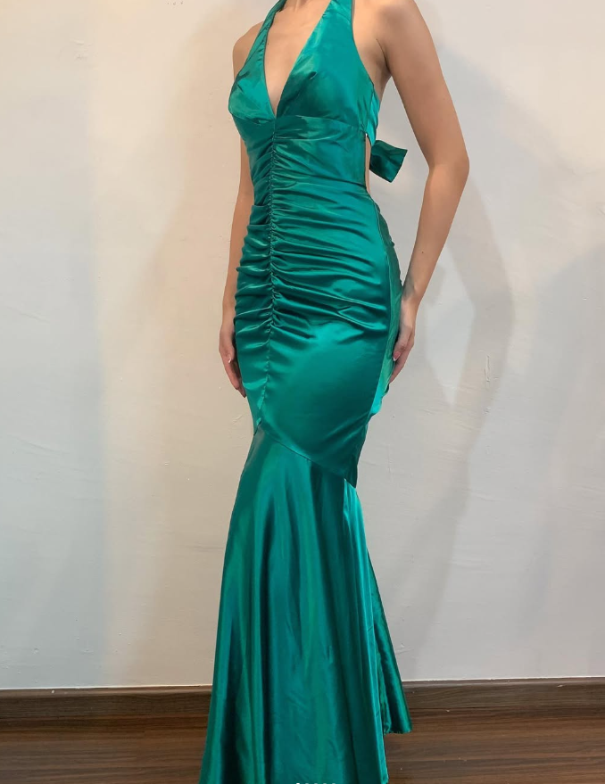 Vintage Mermaid Halter V Neck Green Satin Open Back Long Prom Dress Evening Dress SH2041
