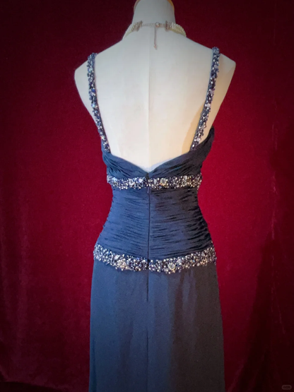 Retro Navy Blue A Line Spaghetti Strap Beaded Appliques Satin Prom Dress Evening Dress SH3332