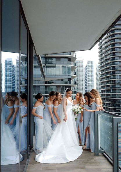 Gentle Sheath Off the Shoulder Blue Chiffon Long Prom Dress Bridesmaid Dress with Slit SH2615