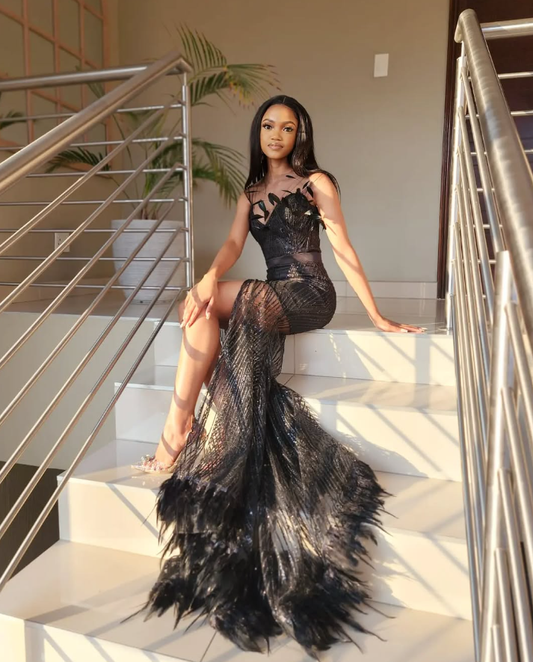 Sexy Sheath Sweetheart Neck Black Feather Sequin Tulle Long Prom Dress Graduation Prom Dress SH2525