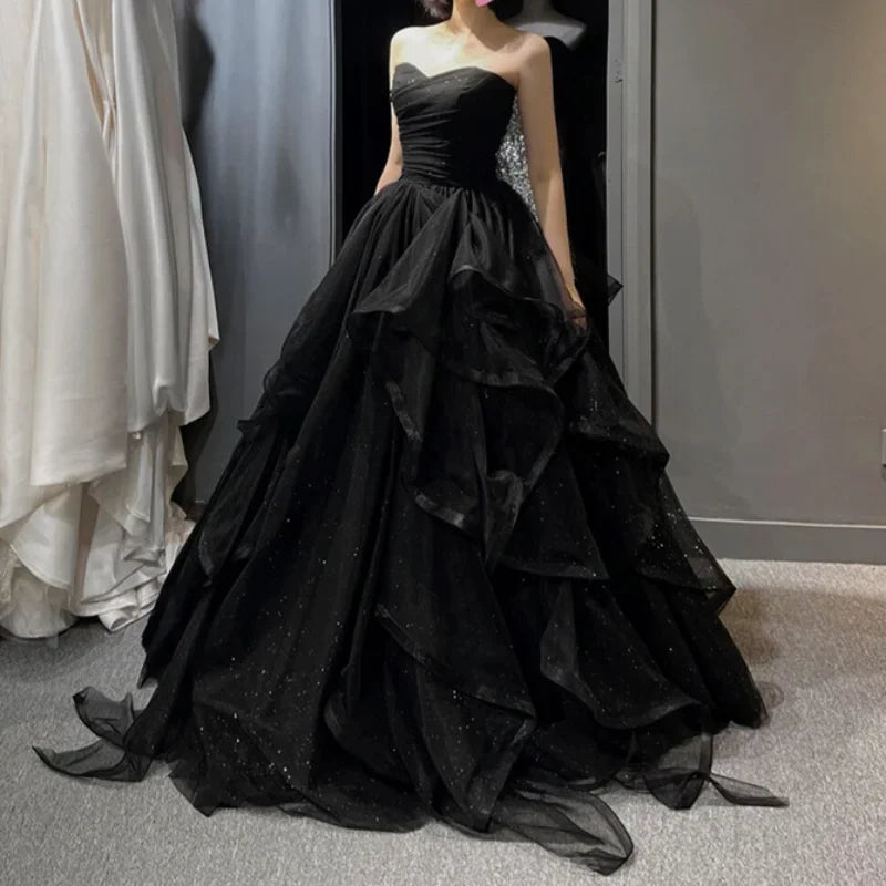 Black Shiny Sweetheart Tulle Layers Ball Gown Formal Dresses, Black Evening Dress Prom Dress  gh2302
