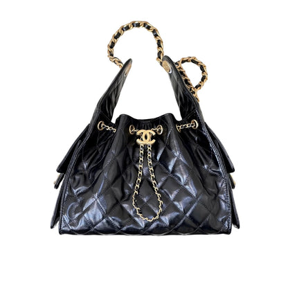 CHANEL 25 SMALL HANDBAG GRAINED AND GOLD TONE METAL BLACK 34CM AS5293 B20304 94305