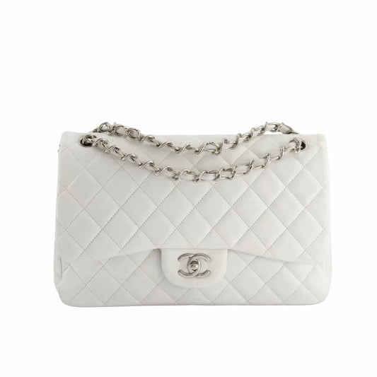 CHANEL CLASSIC DOUBLE FLAP BAG WHITE SILVER HARDWARE 25CM
