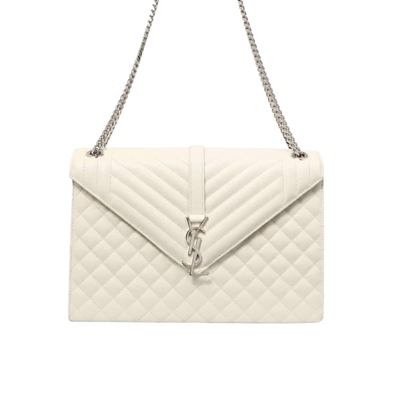 SAINT LAURENT GRAIN DE POUDRE MATELASSE CHEVRON LARGE TRIQUILT MONOGRAM SATCHEL WHITE 30CM ARS4381340717