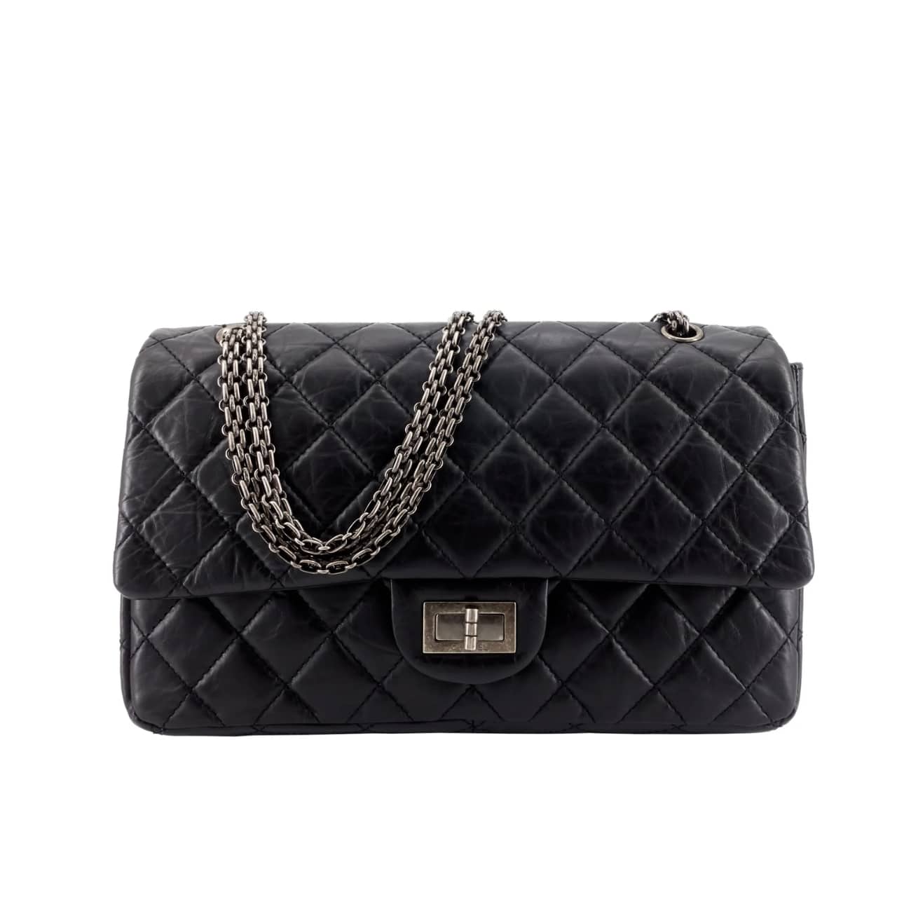 CHANEL 2.55 HANDBAG SILVER TONE METAL BLACK 25CM