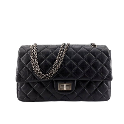 CHANEL 2.55 HANDBAG SILVER TONE METAL BLACK 25CM