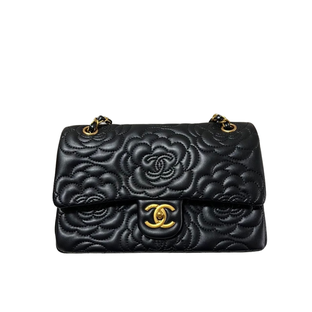 CHANEL CAMELLIA SHOULDER BAGS BLACK 25CM