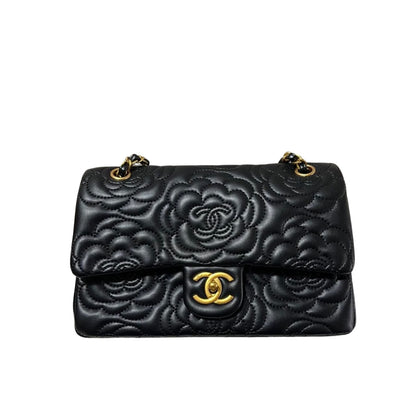 CHANEL CAMELLIA SHOULDER BAGS BLACK 25CM