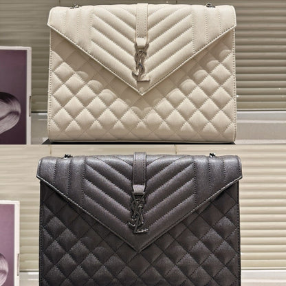 SAINT LAURENT GRAIN DE POUDRE MATELASSE CHEVRON LARGE TRIQUILT MONOGRAM SATCHEL WHITE 30CM ARS4381340717
