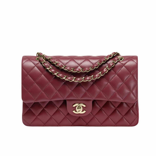 CHANEL CLASSIC 11.12 HANDBAG GOLD TONE METAL BURGUNDY 25CM A01112 Y04059 NZV44