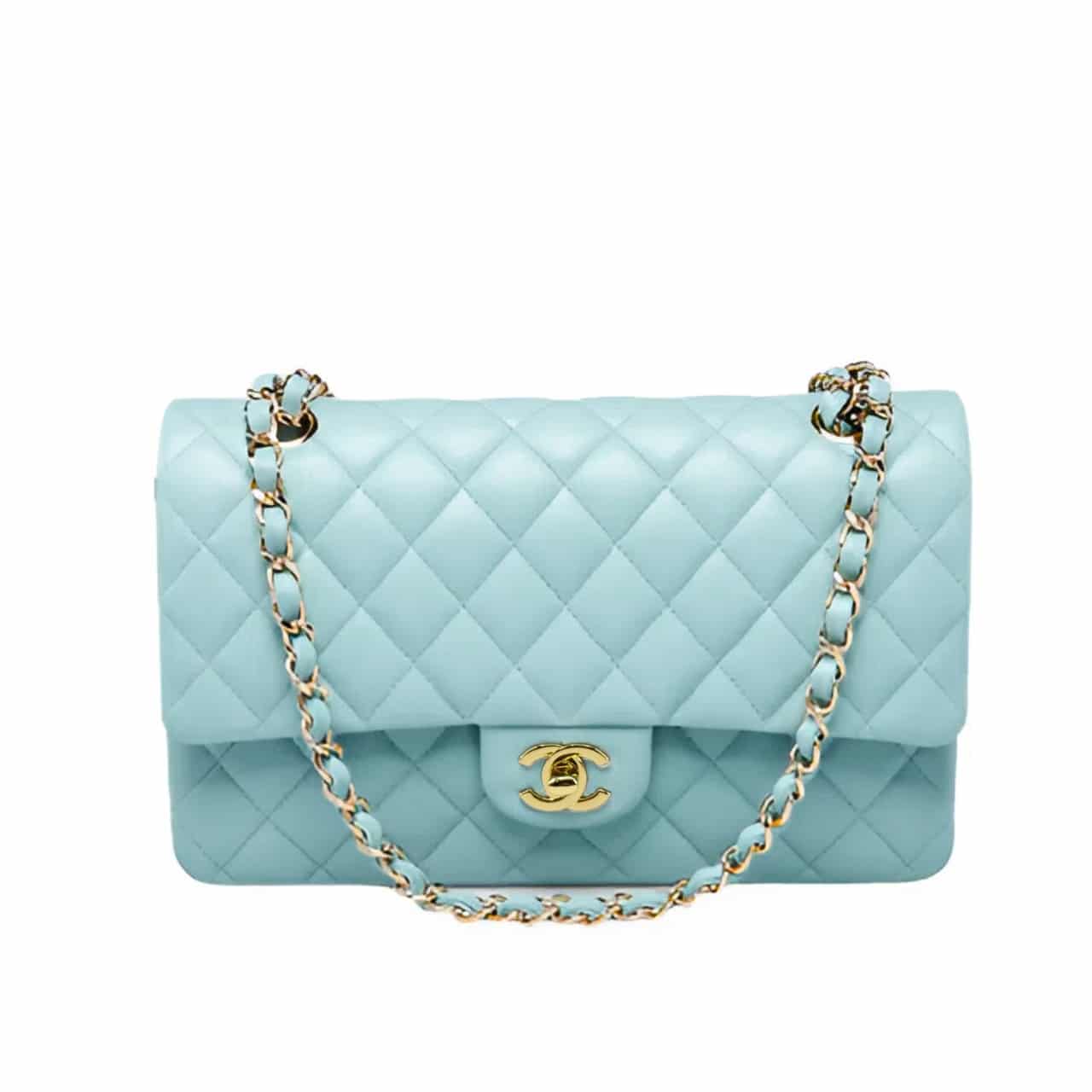 CHANEL CLASSIC 11.12 HANDBAG GOLD TONE METAL LIGHT BLUE 30CM