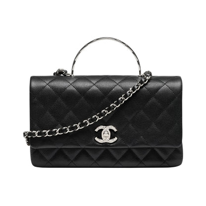CHANEL SMALL FLAP BAG WITH TOP HANDLE SILVER TONE METAL BLACK 19CM AS5555 B20557 94305