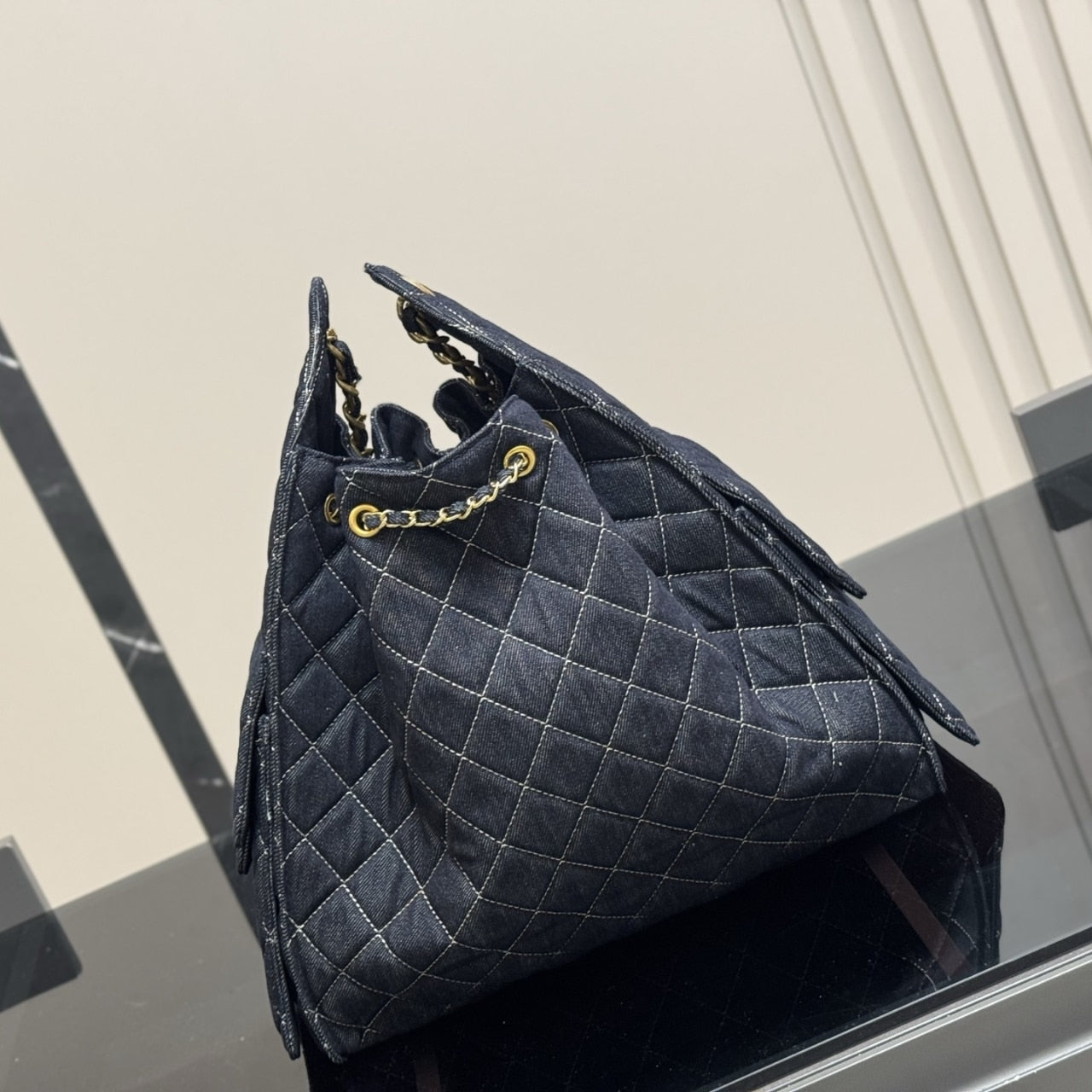 CHANEL 25 MEDIUM BAG SHOULDER HANDBAG DENIM DARK BLUE 40CM